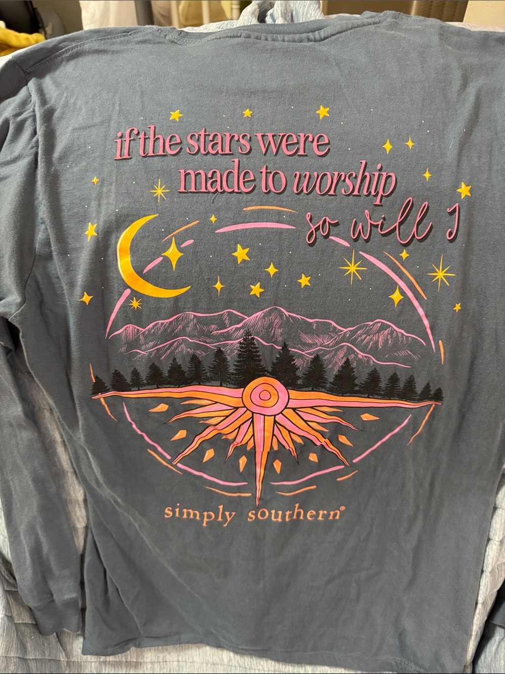 Simply Southern Gray Long Sleeve Tee with Pink & Yellow Celestial Graphic